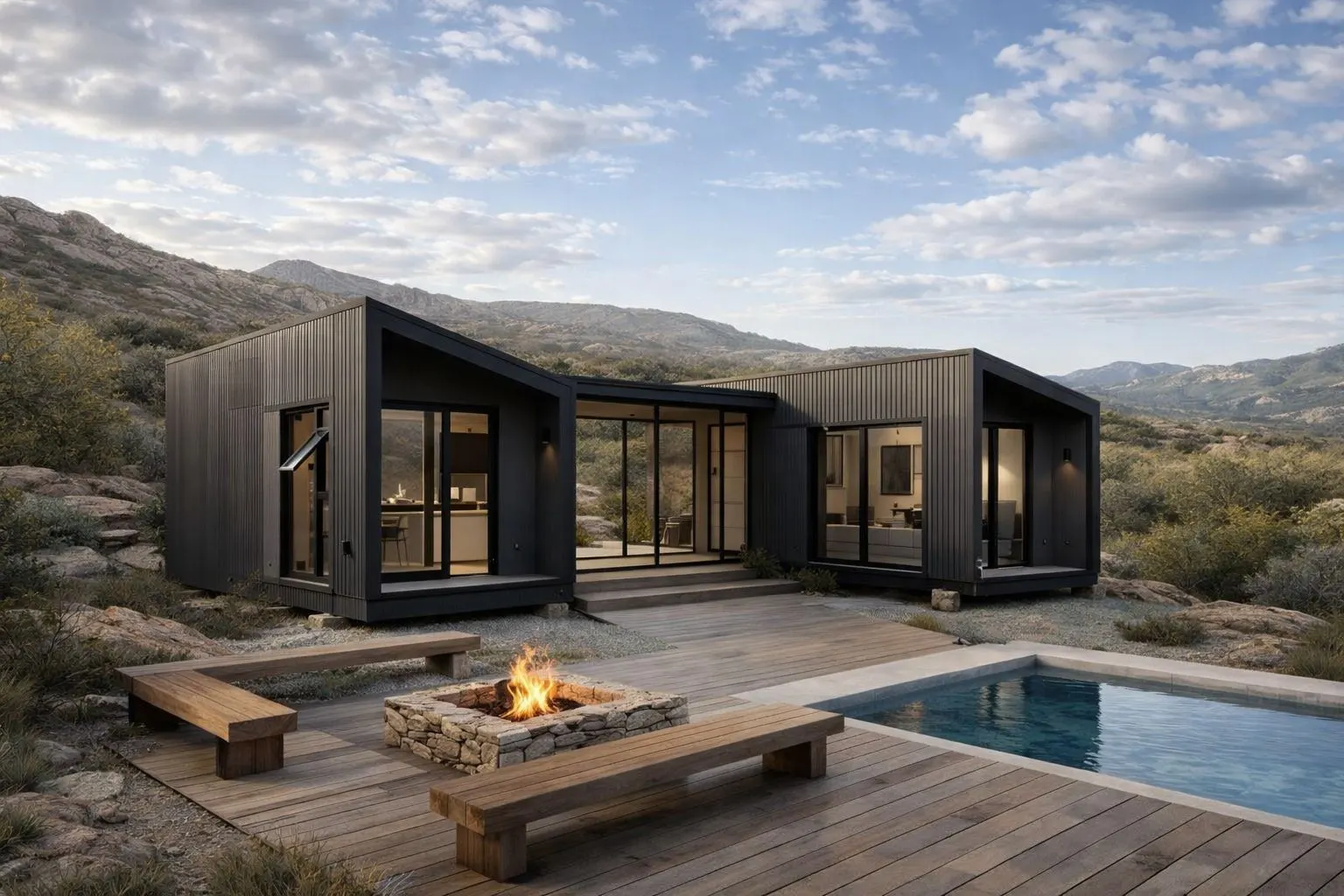 Módulo Pod by BT arquitectas con pileta y fogón al atardecer